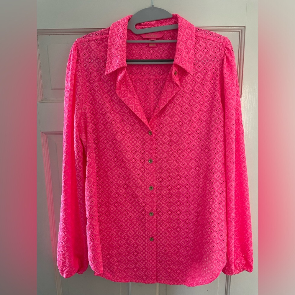 Lilly Pulitzer keyhole pink button down shirt